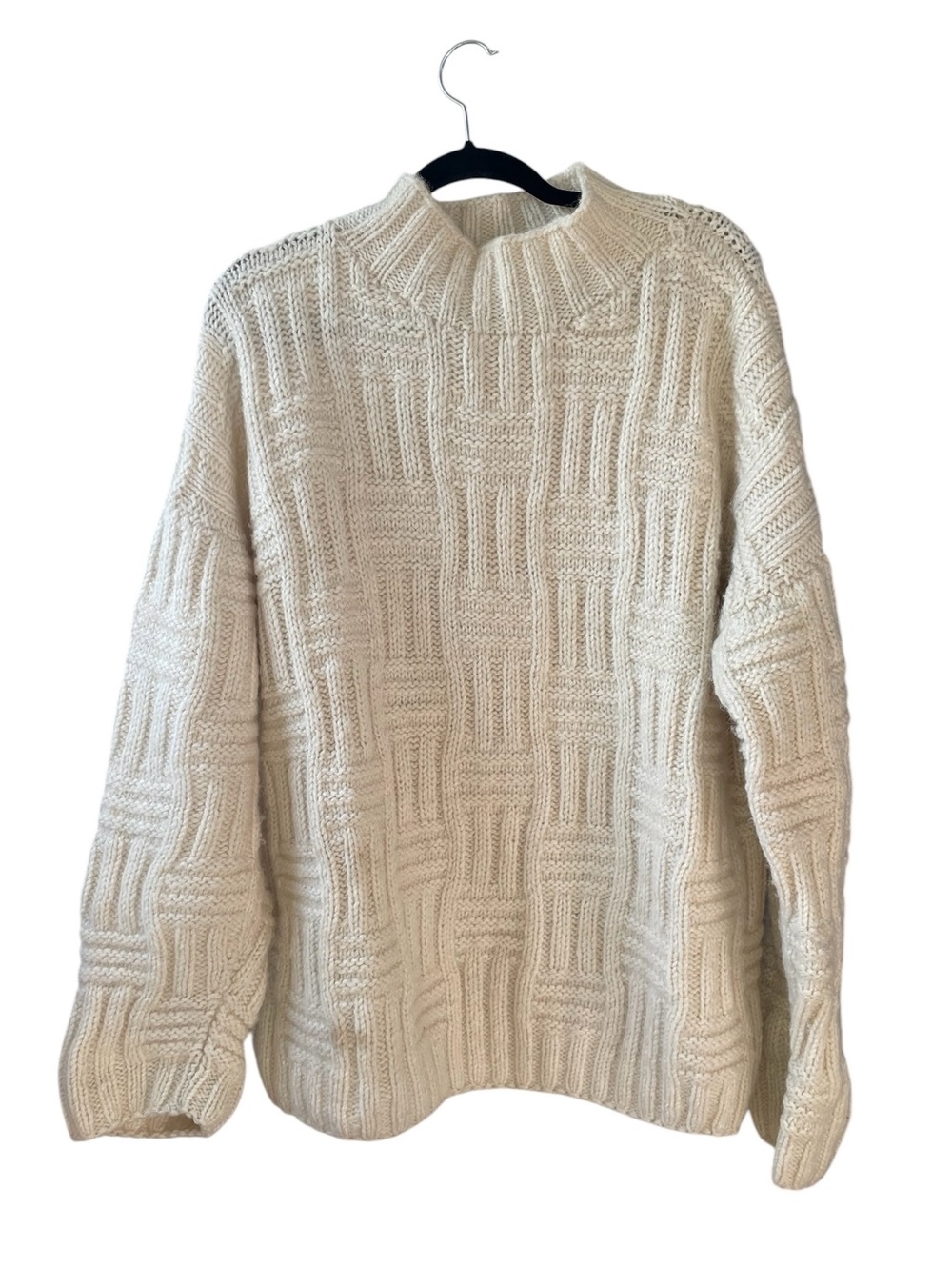 BHcrafts Wool Hand-Knit Basketweave Block Mock Neck Sweater Ivory Cream Large